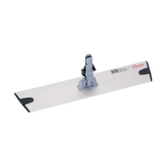 Il supporto per mop Vileda GmbH Professional Express Pro - 40 cm | Confezione (1 pezzo) comprende una testina piatta con base rettangolare grigio chiaro e attacco centrale a cerniera, ideale per la pulizia professionale. Il suo design ergonomico a trapezio è impreziosito da bordi leggermente rialzati e da piccoli cuscinetti grigio scuro su ogni angolo.