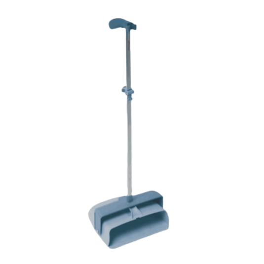 Eine geschlossene Vileda Professional Kehrschaufel der Vileda GmbH mit 29 cm Durchmesser und langem Griff ist vor einem schlichten weißen Hintergrund zu sehen. Sie verfügt über ein ergonomisches Design mit einer geräumigen und tiefen Schaufel für effizientes Reinigen und Auffangen von Staub und Schmutz.