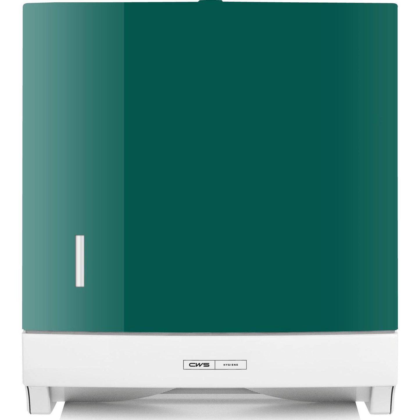 The CWS front panel for the Paper Slim folded paper towel dispenser is a green-white, rectangular dispenser with a small, vertical window and a central CWS label at the bottom edge, characterized by the elegant CWS front panel design.