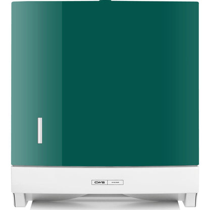 The CWS front panel for the Paper Slim folded paper towel dispenser is a green-white, rectangular dispenser with a small, vertical window and a central CWS label at the bottom edge, characterized by the elegant CWS front panel design.