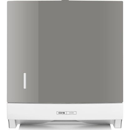 The front view of the CWS front panel for the Paper Slim folded paper towel dispenser shows a sleek, rectangular design with a large gray door, a small vertical handle on the left side, and a white base with the CWS brand logo and control panel.