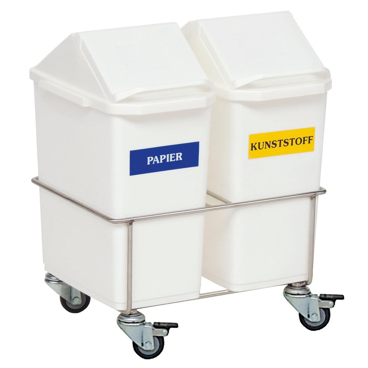Le collecteur de déchets Novocal Zimmer à double compartiment se compose de deux conteneurs blancs avec les inscriptions "PAPIER" et "PLASTIQUE" dans un châssis à roulettes en acier inoxydable, idéal pour le tri des déchets dans les hôpitaux et les établissements de soins.