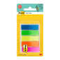 Eine versiegelte Packung Post-it® Index Haftstreifen, Mini (11,9 mm x 43,2 mm) der 3M Deutschland GmbH enthält 100 farbige Streifen in fünf Stapeln, in den Farben blau, grün, gelb, orange und pink. Die Verpackung ist gelb mit Produktangaben.