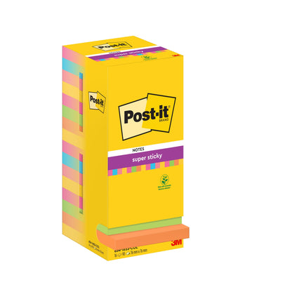 Eine Packung mit 16 Post-it® Super Sticky Notes (76 x 76 mm, 90 Blatt/Block) in verschiedenen Farben von 3M Deutschland GmbH, PEFC-zertifiziert (SGSCH-PEFC-COC-110078), mit Produktinfos und Logos auf der weißen Box.
