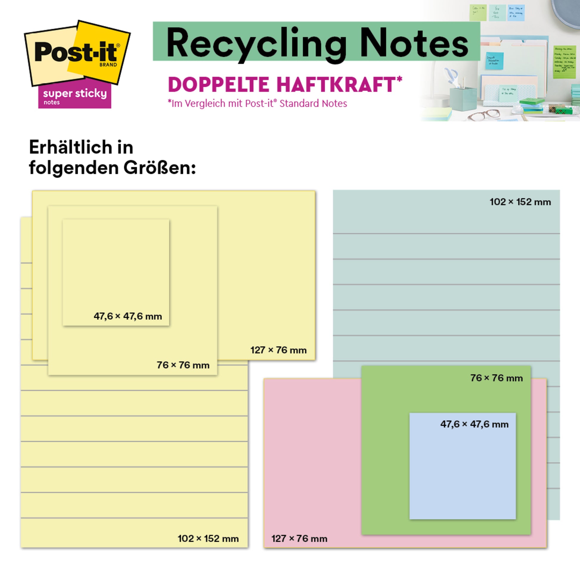 Eine Tabelle zeigt die Post-it® Super Sticky 100% Recycling Notes (47,6 x 47,6 mm, 70 Blatt/Block, PEFC) von 3M in den Farben gelb, grün, blau und rosa mit Größenangaben in deutscher Sprache und einem Produktfoto auf einem Schreibtisch oben rechts.