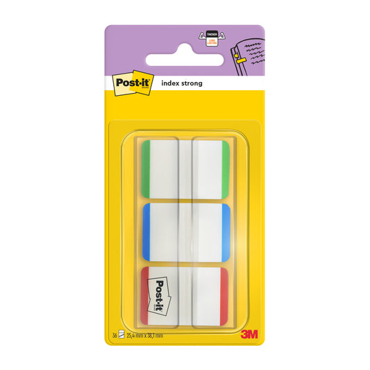 Eine Packung Post-it® Index Strong Ablagetabs von 3M Deutschland GmbH enthält 66 Standard-Klebestreifen (25,4 mm x 38,1 mm) in verschiedenen Farben, übersichtlich angeordnet in einem Spender mit gelber und lila Rückseite.