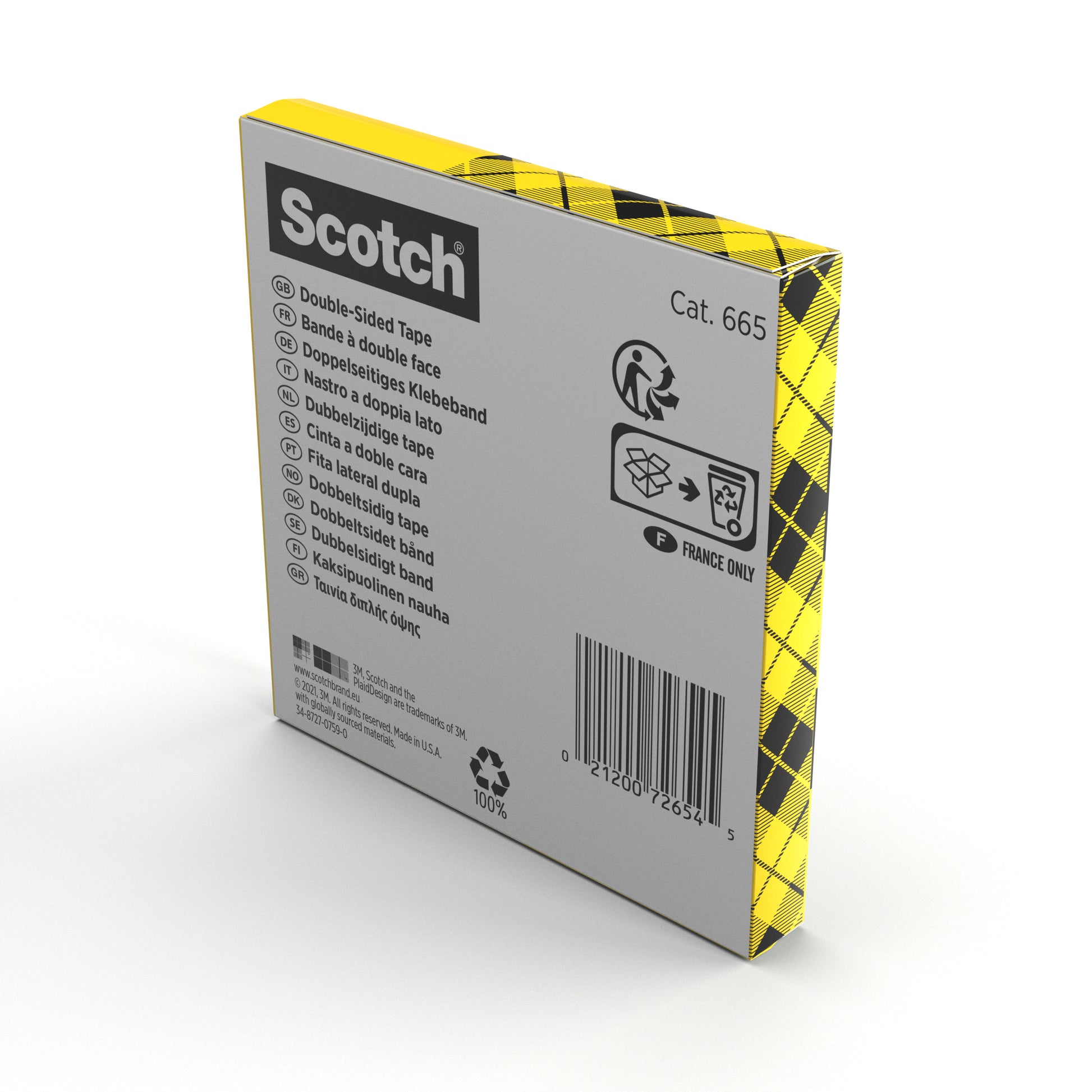 Eine Schachtel Scotch® doppelseitiges Klebeband (1 Rolle, 12 mm x 33 m) der 3M Deutschland GmbH ist mehrsprachig beschriftet, hat ein gelb/schwarzes Karo auf der Seite, Recycling-Symbole auf der Rückseite und trägt die Produktnummer 665 mit Barcode.