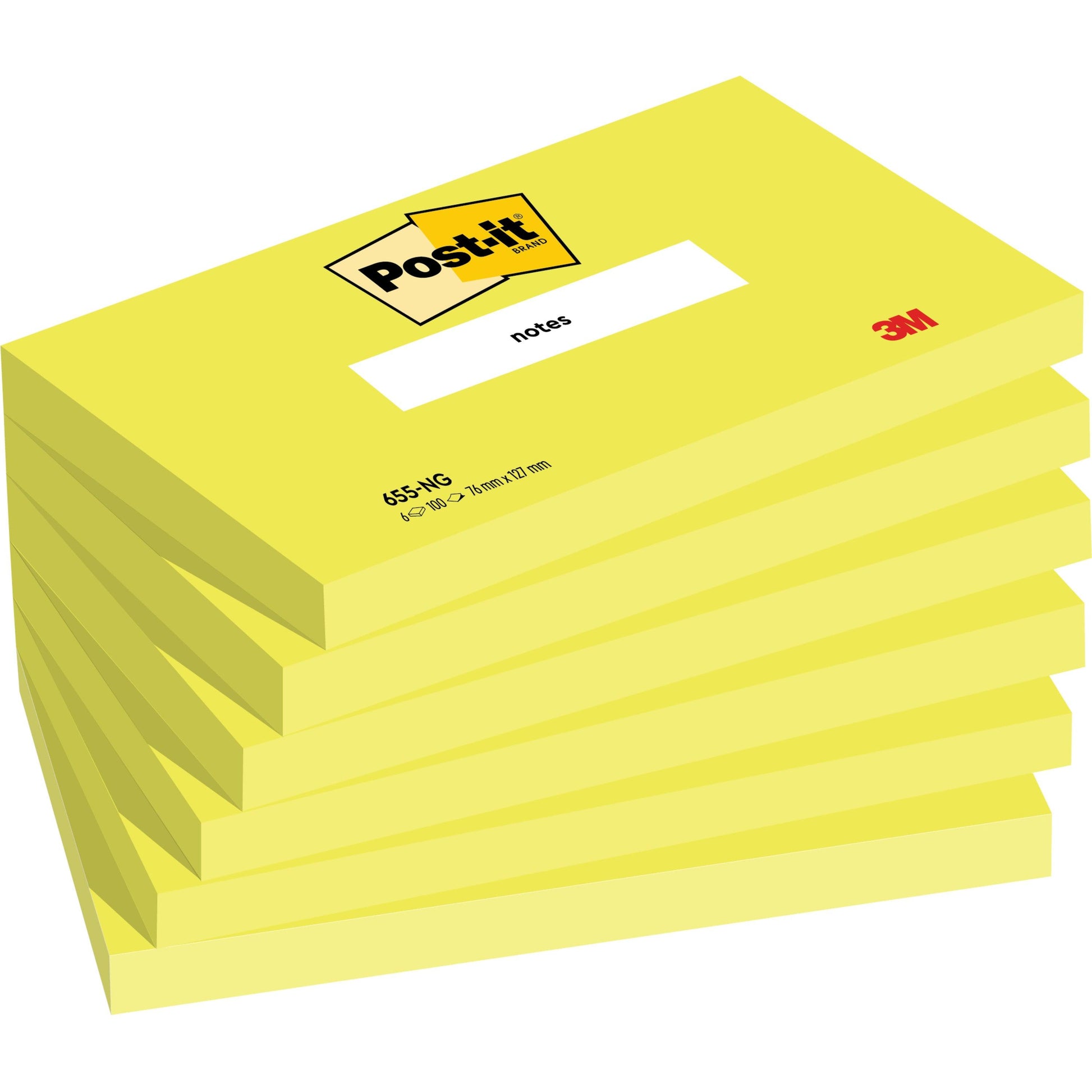 Abgebildet ist ein Stapel von sechs gelben Post-it® Notizzetteln (76 mm x 127 mm, 100 Blatt/Block, 100% PEFC) der 3M Deutschland GmbH, jeweils mit dem Post-it-Logo auf der Oberseite und der Beschriftung "Notizen" auf dem Block.