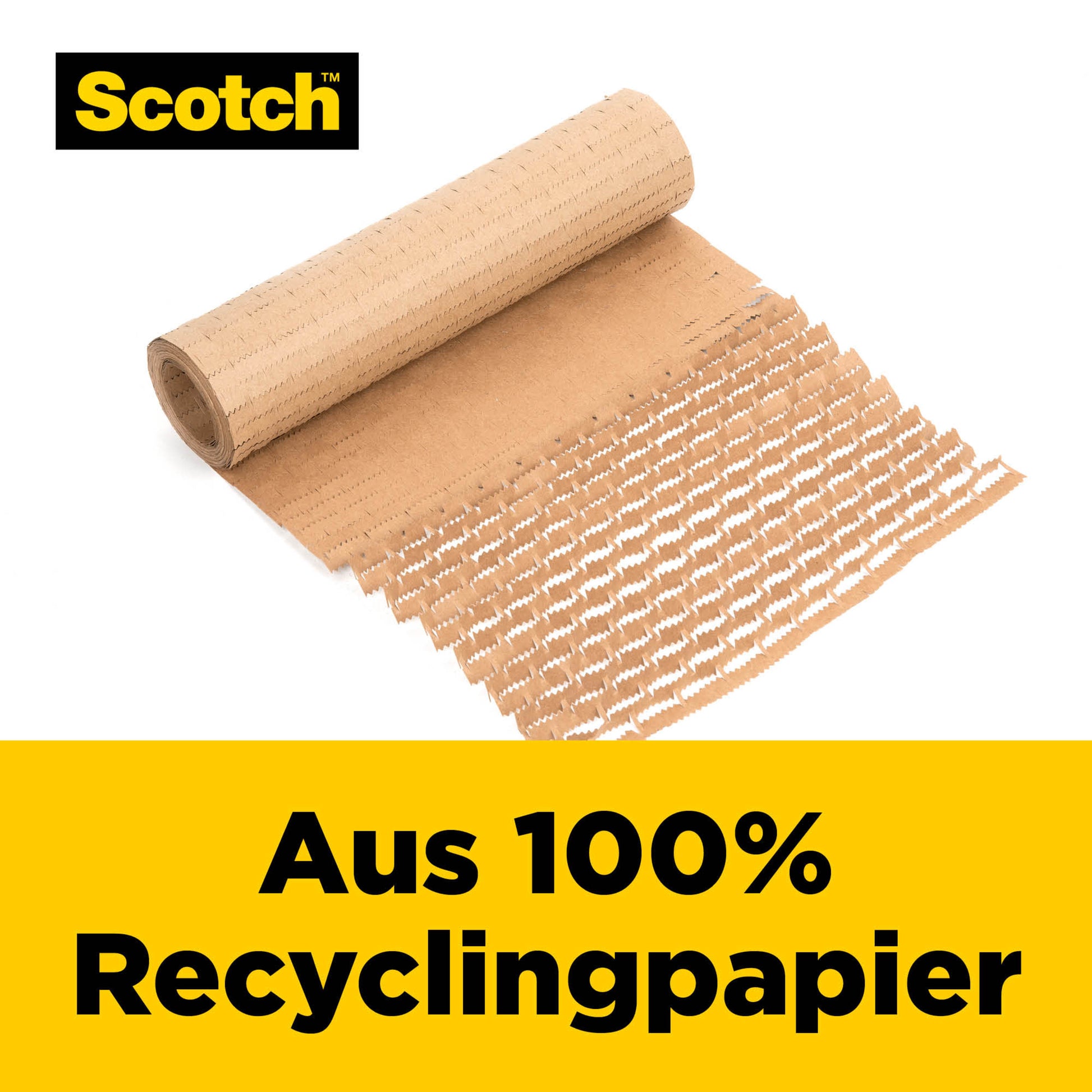 Eine teilweise abgerollte Rolle Scotch™ Cushion Lock™ Schutzverpackung (30,4 cm x 9,14 m) der 3M Deutschland GmbH zeigt ihr perforiertes braunes Kraftpapier. Oben links ist das Scotch-Logo zu sehen, unten steht in gelber Schrift "Aus 100% Recyclingpapier".