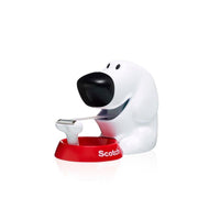 The Scotch™ C31 dog-themed desk tape dispenser from 3M Deutschland GmbH, featuring a red base, contains a roll of Scotch® Magic™ invisible adhesive tape (19 mm x 8.89 m)—a unique office accessory set against a white background.