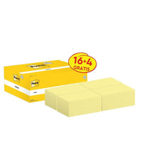 Une boîte jaune de Post-it® Notes (76 mm x 127 mm, 100 feuilles par bloc) de la marque 3M contient 16 blocs, plus 4 gratuits. L'étiquette « 16+4 GRATUITS » fait de ces fournitures de bureau certifiées PEFC un complément précieux pour tout espace de travail.
