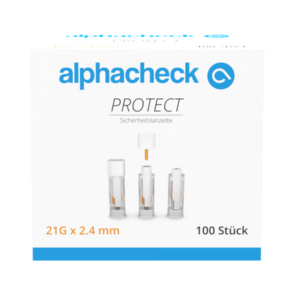 Schachtel mit 100 Alphacheck PROTECT Sicherheitslanzetten, 21G x 2,4 mm, von Berger Med GmbH. Die Vorderseite zeigt Produktnamen, Logo und Abbildungen der Lanzette in drei Stufen und betont so die schmerzarme Blutentnahme.