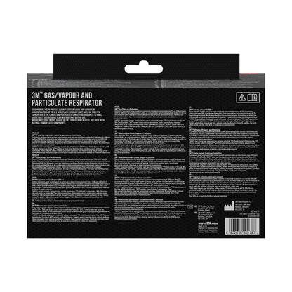 Die Rückseite der 3M™ Atemschutzmaske mit integrierten Filtern von 3M Deutschland GmbH enthält Produktinformationen, Anweisungen und Warnhinweise in mehreren Sprachen auf schwarzem Hintergrund mit weißer Schrift sowie einen Barcode unten rechts.