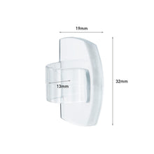 Command™ transparente Clips für runde Kabel, 17017CLR (4 Clips + 5 Streifen) von 3M Deutschland GmbH: Transparente Kabelclips, Maße: 19mm breit, 32mm hoch, 13mm tief. Perfekt zur Kabelbefestigung auf weißem Hintergrund abgebildet.