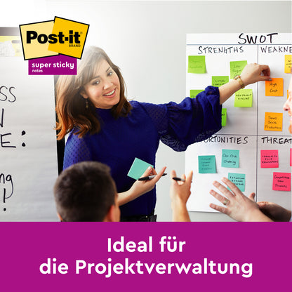 Eine Frau präsentiert eine SWOT-Analyse mit Post-it® Super Sticky Z-Notes, Blau (76 mm x 76 mm), aus dem Post-it® Z-Notes Dispenser, Bär, Weiß von 3M Deutschland GmbH. Ideal für die Projektverwaltung. Packung mit 2 Blöcken à 45 Blatt.