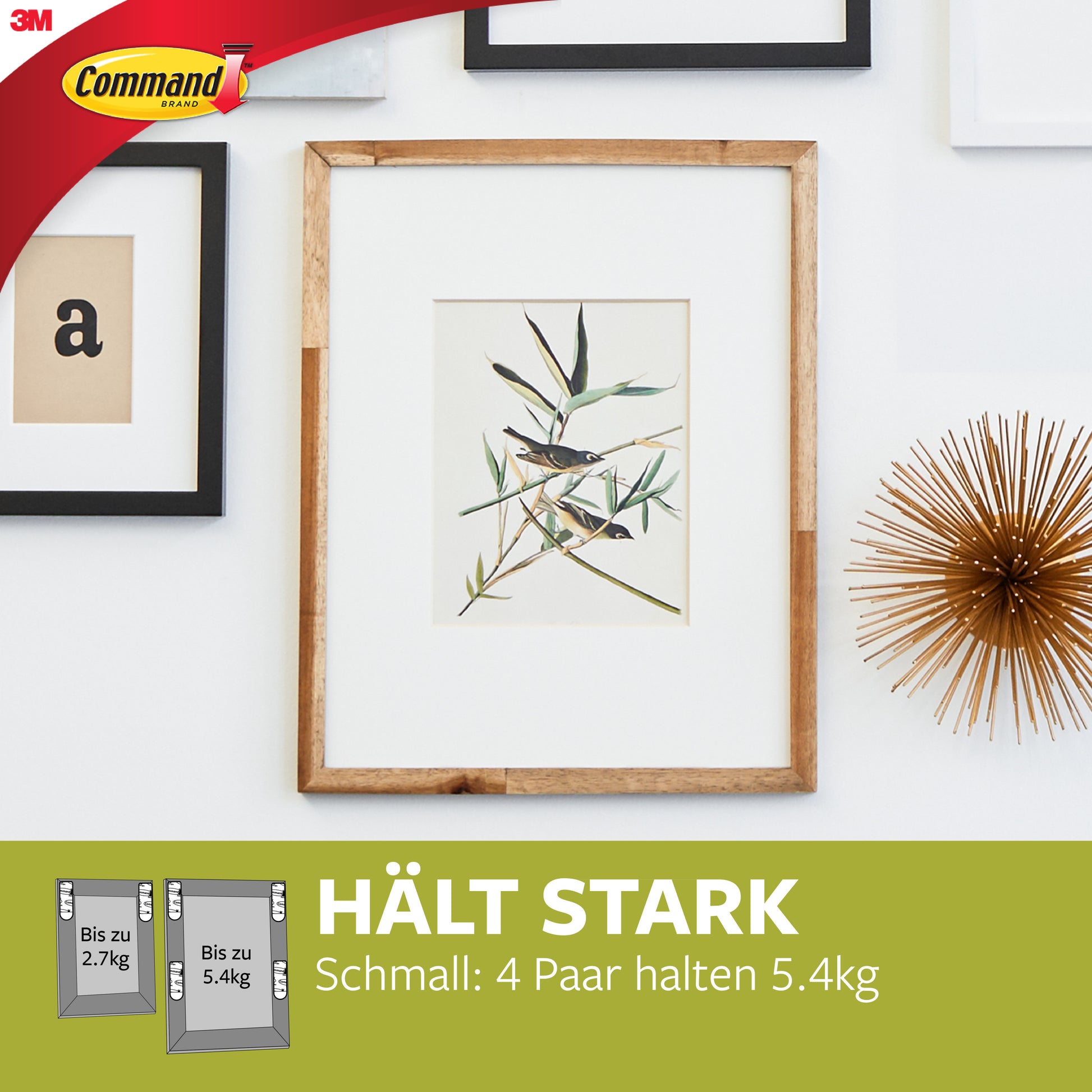 Ein hölzerner Bilderrahmen mit einem botanischen Motiv hängt zwischen anderen Rahmen an einer weißen Wand. Darunter steht der Text "HÄLT STARK - Schmall: 4 Paar halten 5,4kg", mit Abbildungen von 3M Deutschland Schmale Command™ Bilder-Montage Strips (M) 17207.