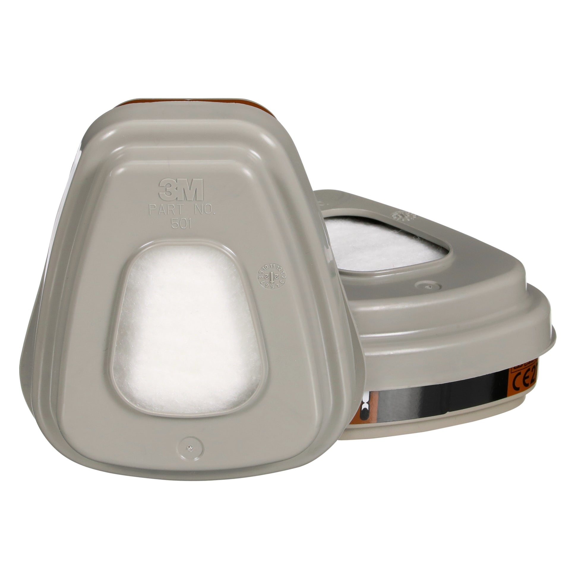 Abgebildet sind zwei graue 3M™ Filtersatz 6003-1SP A2P3 Kartuschen (2x6055, 2x5935, 2x501) der 3M Deutschland GmbH, eine aufrecht und eine flach, um verschiedene Ansichten des Produkts zu zeigen.