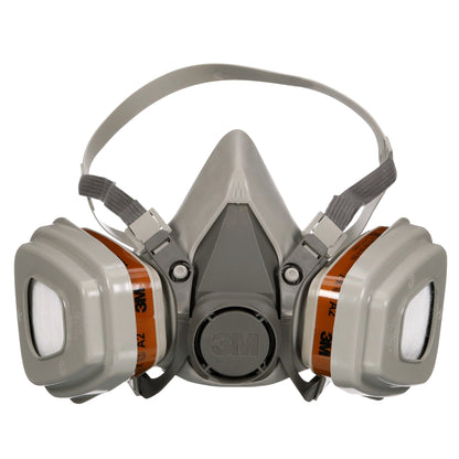 Die 3M™ Atemschutzmaske 6002KIT-1 von 3M Deutschland GmbH mit A2P2 Filtern für organische Dämpfe und verstellbaren Bändern ist in Grau abgebildet, geliefert als Packung (1 Stück) mit austauschbaren Filtern.