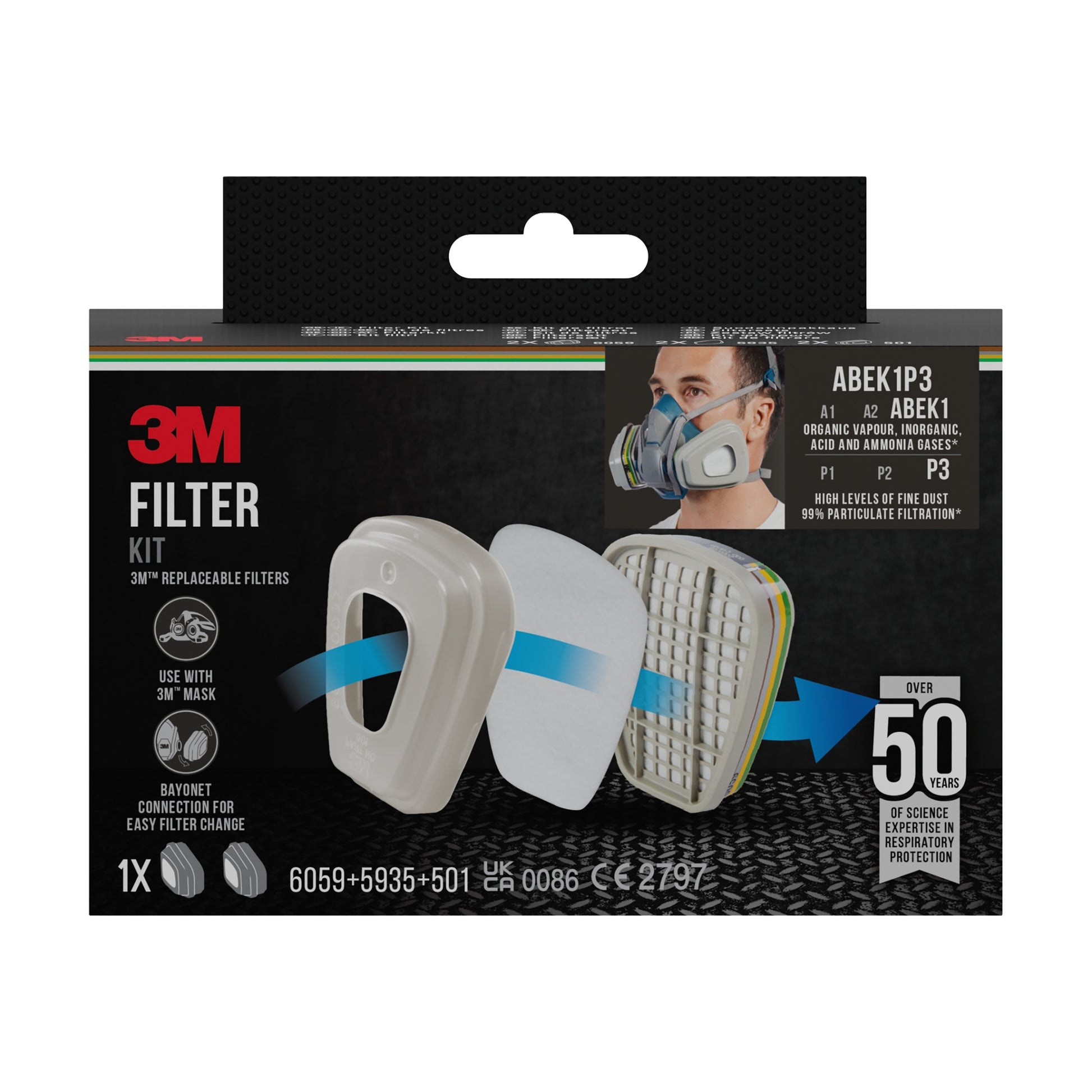 Der 3M™ Filtersatz 6004-1SP Packung (1 Stück) von 3M Deutschland GmbH zeigt ein Diagramm der ABEK1P3 Kombinationsfilterkomponenten, eine maskierte Person, Produktdetails und hebt über 50 Jahre fortschrittlichen Atemschutz hervor.