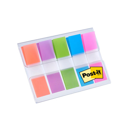 Der Post-it® Index Haftstreifen Mini Spender der 3M Deutschland GmbH fasst 100 rechteckige Haftstreifen (11,9 mm x 43,2 mm) in den Farben Orange, Pink, Lila, Grün und Blau; das Post-it-Logo befindet sich in der unteren rechten Ecke des Etuis.