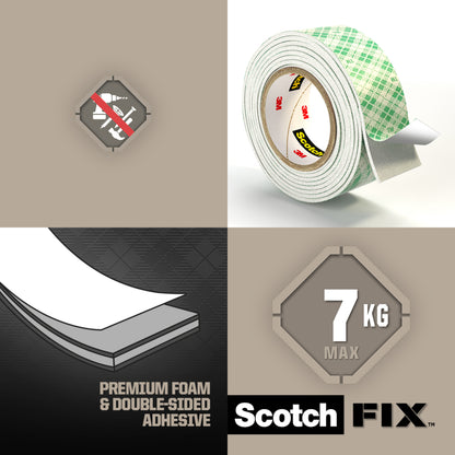 Bild von Scotch-FIX™ Doppelseitiges Innenmontageband von 3M Deutschland GmbH, das die Klebebandrolle, das No-Nails-Symbol, die Schaumstoff- und Klebeschicht, "7 KG MAX" und "Premium Foam & Double-Sided Adhesive" auf einem geteilten Hintergrund zeigt.