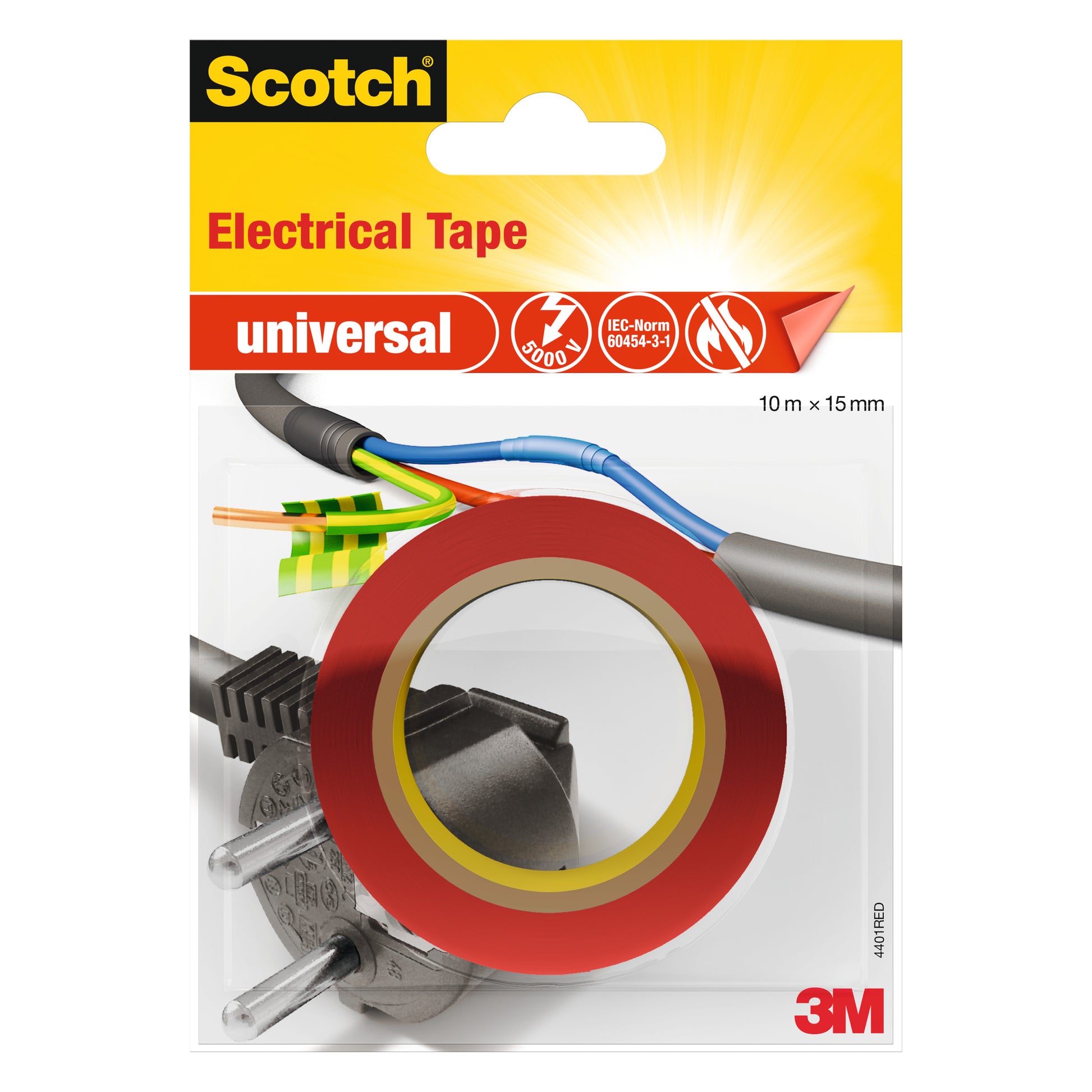 Eine Verpackung von Scotch® Isolierband universal, 10 m x 15 mm (1 Rolle), von 3M Deutschland GmbH, mit rotem Klebeband über einem Netzstecker und freiliegenden Kabeln. Auf der Verpackung sind die Logos von Scotch und 3M abgebildet.