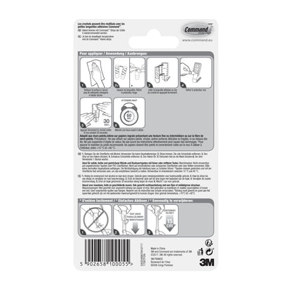 Rückseite eines Command™ Small Drahthaken, 17067 Packung von 3M Deutschland GmbH, mit französischer, deutscher und niederländischer Gebrauchs-/Entfernungsanleitung mit Diagrammen. Barcode und 3M-Logo am unteren Rand. Spurlos ablösbar und selbstklebend.