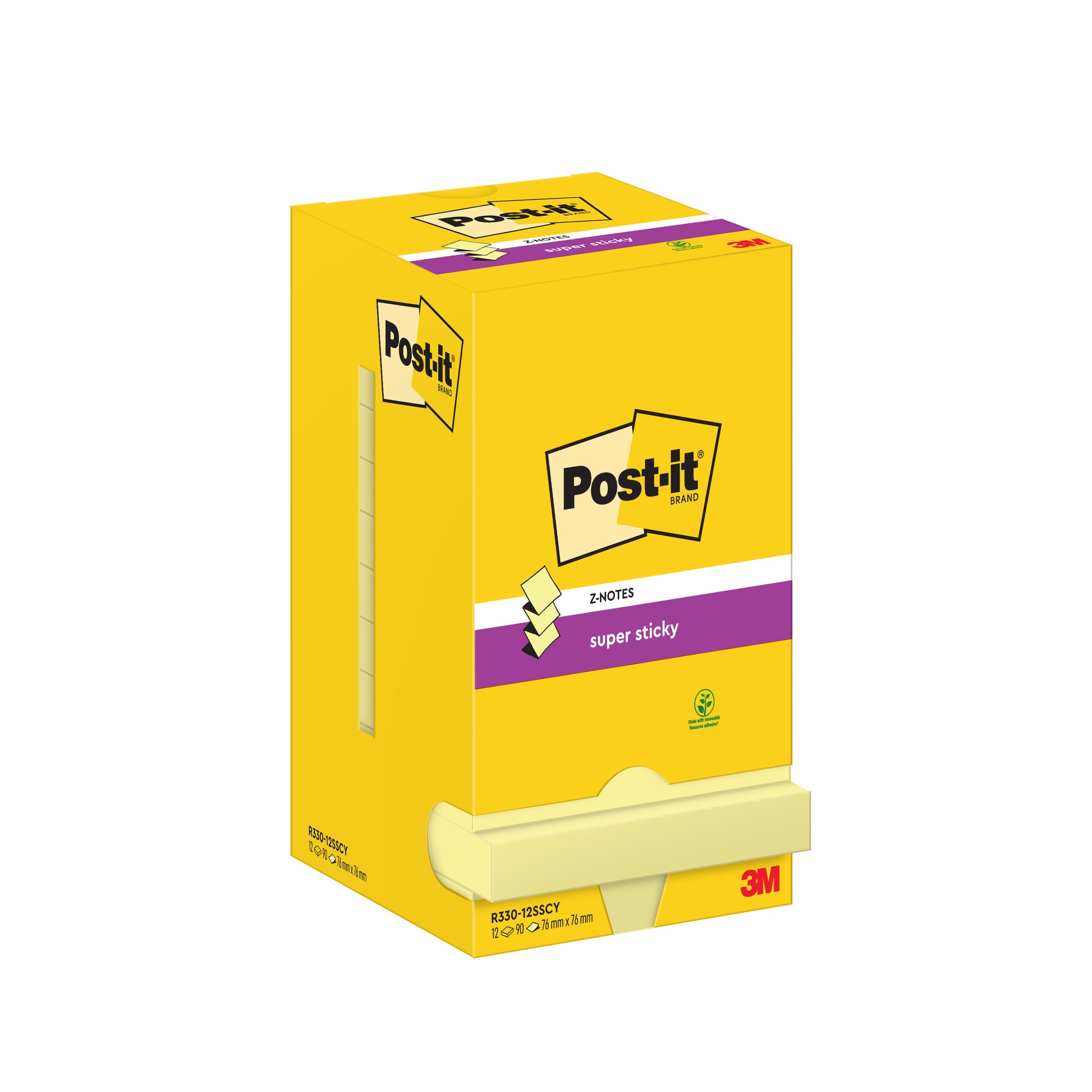 Eine gelbe Schachtel Post-it® Super Sticky Z-Notes (76x76mm, 90 Blatt/Block, 12 Blöcke) von 3M Deutschland GmbH mit schwarzem und violettem Text/Logo und der roten 3M-Marke auf dem aufrechten Karton. 100% PEFC-zertifiziert.