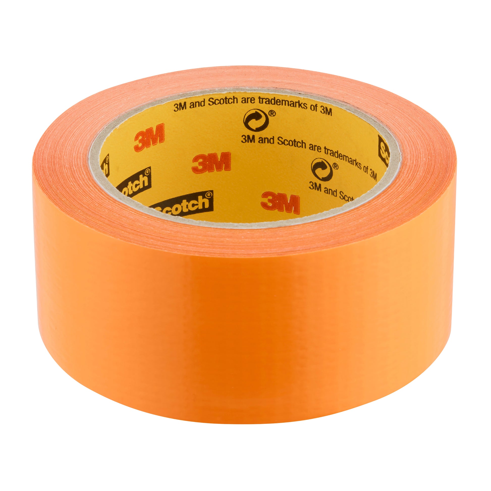 Eine Rolle Scotch® High Visibility Klebeband der 3M Deutschland GmbH, orange, 25 m x 48 mm, ist sauber auf einen Markenkern gewickelt abgebildet. Die einzelne Rolle erscheint strukturiert und wird vor einem weißen Hintergrund gezeigt.