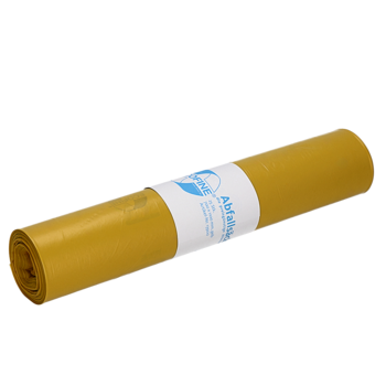 Un rotolo giallo di sacchi per rifiuti DEISS ECOFINE® 13900 (120L) di EMIL DEISS KG (GmbH + Co.) in LDPE/LLDPE riciclato con etichetta bianco-blu - ideale per lo smaltimento ecologico - su sfondo bianco.