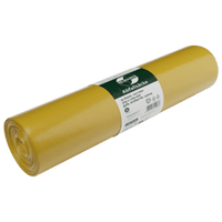 Un rotolo di sacchi per rifiuti gialli DEISS 23004 (700x1100 mm, tipo 60, 25 pezzi) della EMIL DEISS KG (GmbH + Co.) con un’etichetta bianca e verde, solitamente utilizzata come pellicola protettiva o di copertura nel settore edile, su sfondo grigio chiaro.