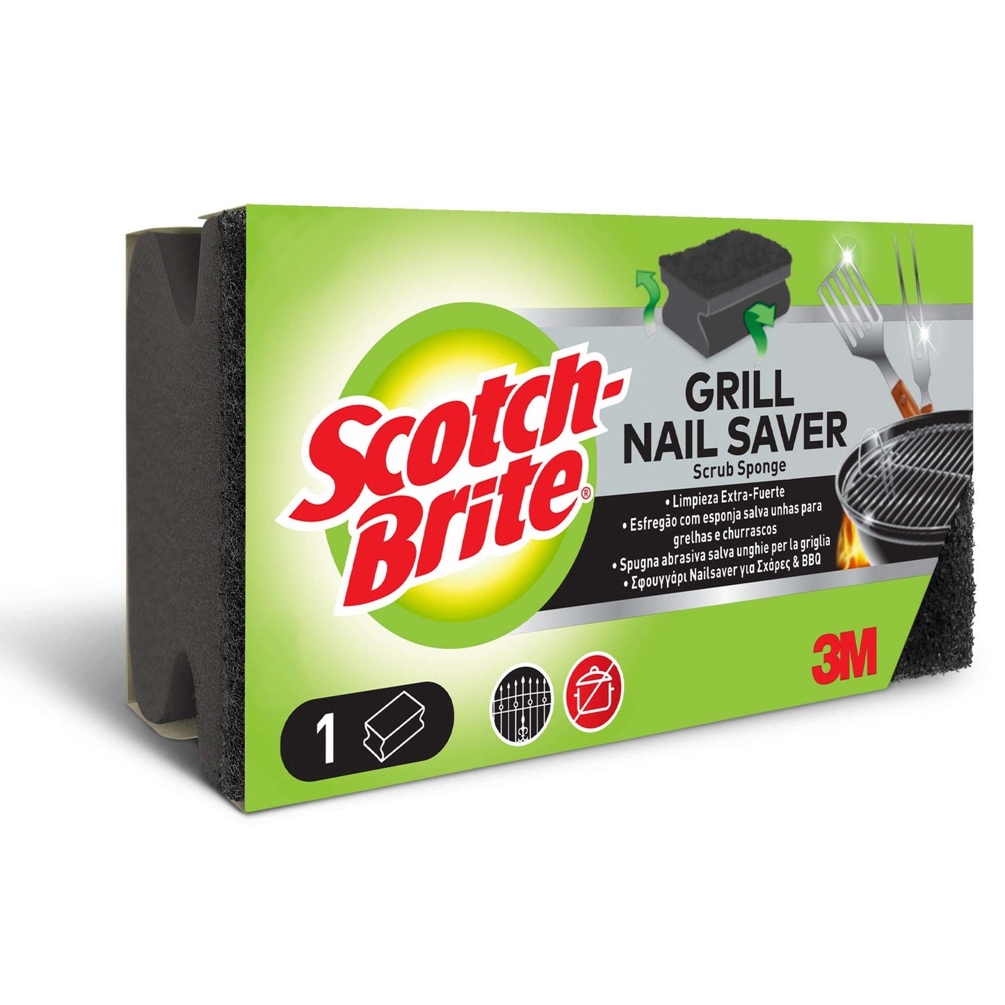 Eine rechteckige Schachtel Scotch-Brite® Grill Griffschwamm von 3M Deutschland GmbH, in den Farben grün, gelb und schwarz, zeigt Produktabbildungen und einen Text, der besagt, dass es ideal für die Grillreinigung und die Reinigung von BBQ-Utensilien ist; 1 Stück pro Packung.