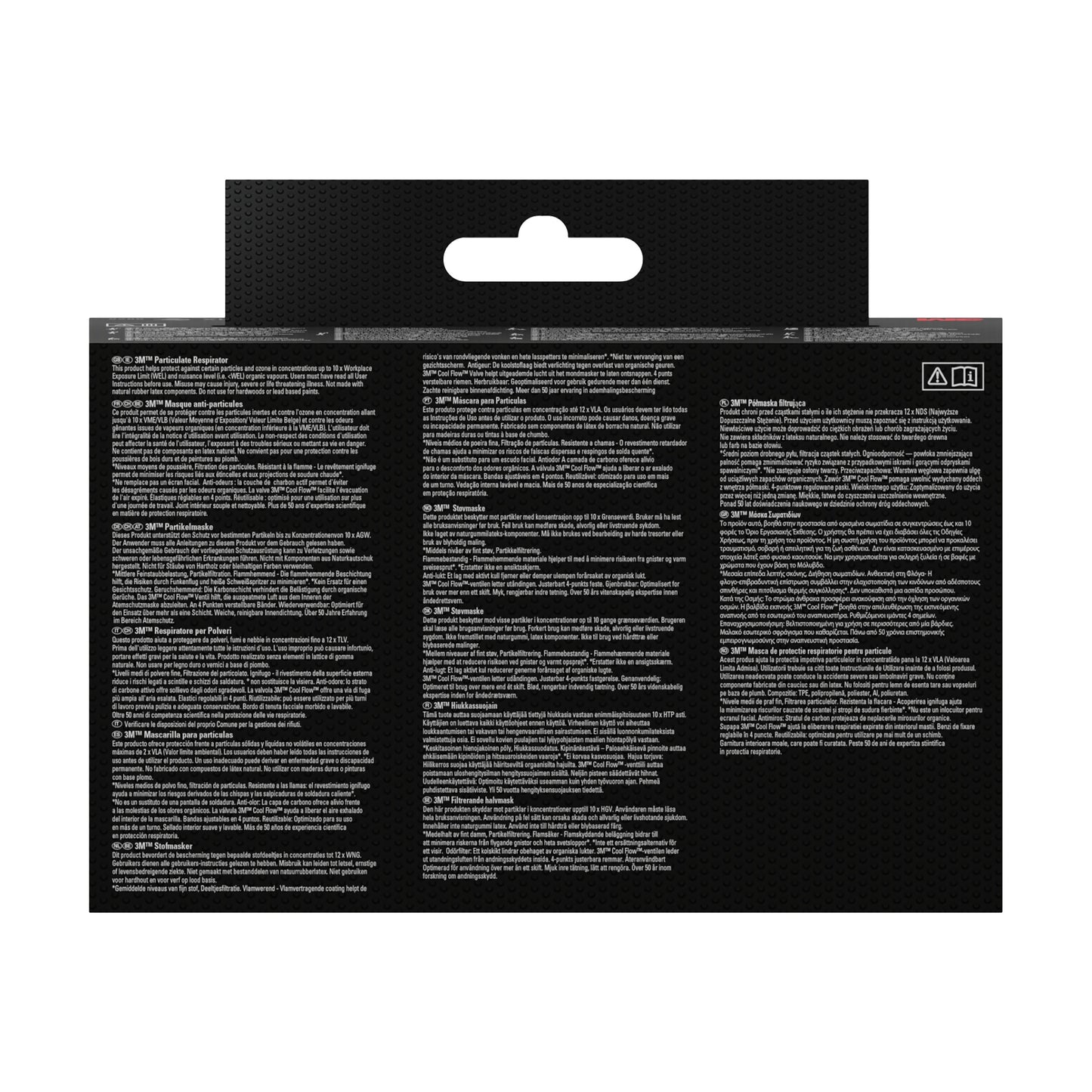 Rückseite der 3M™ Cool Flow™ Partikelmaske 9922, FFP2-Verpackung von 3M Deutschland GmbH: schwarzer Hintergrund, weißer mehrsprachiger Text, Warnsymbole; Hervorhebungen FFP2-Schutz, geruchshemmendes Ventil, und Display-Aufhängelasche.