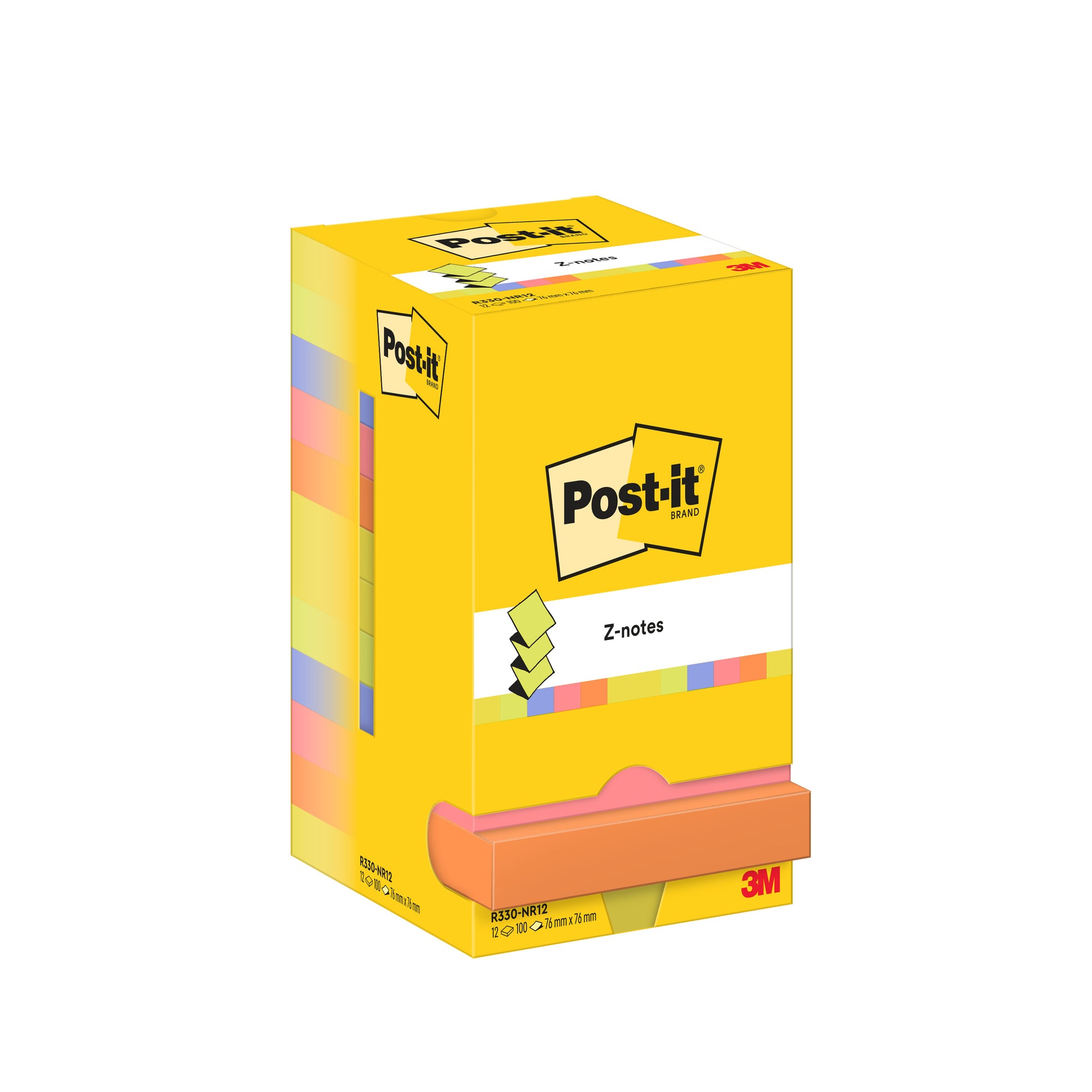 Eine gelbe Schachtel Post-it® Super Sticky Z-Notes von 3M Deutschland GmbH, Format 76x127 mm, 100 Blatt pro Block, Kartonverpackung (100% PEFC), mit bunten Haftnotizen und einer orangefarbenen Pop-up-Notiz auf der Vorderseite.