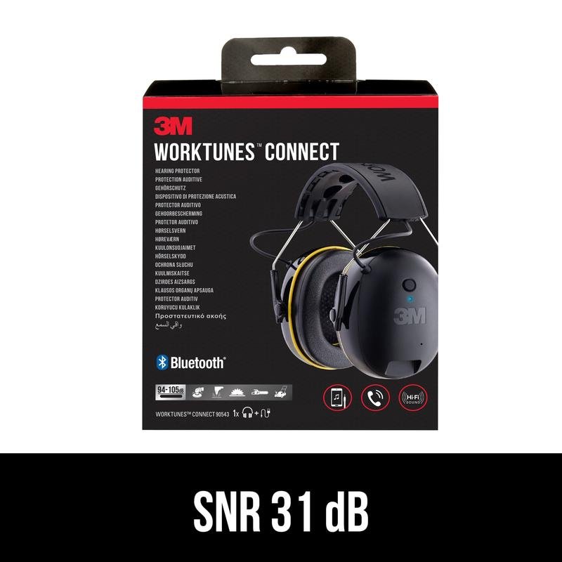 The packaging of 3M™ WorkTunes™ Connect Hearing Protector 90543E (1 Piece, SNR value 31 dB, Bluetooth®, black) from 3M Deutschland GmbH is black with red and white lettering and shows the hearing protector on the front.