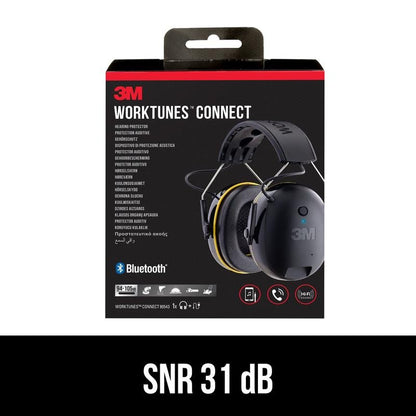 The packaging of 3M™ WorkTunes™ Connect Hearing Protector 90543E (1 Piece, SNR value 31 dB, Bluetooth®, black) from 3M Deutschland GmbH is black with red and white lettering and shows the hearing protector on the front.