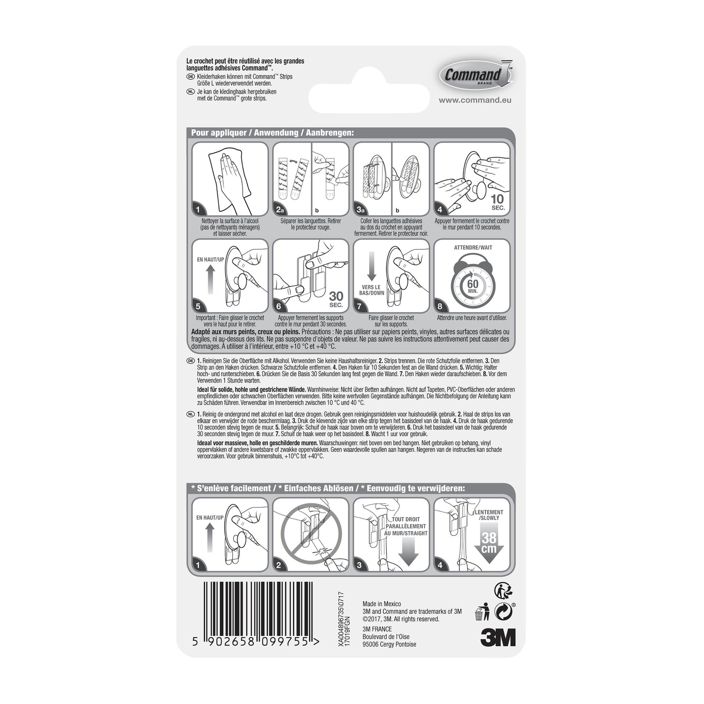 Die Rückseite einer Command™ Kleider-Haken, 17019-FGN-Verpackung der 3M Deutschland GmbH zeigt eine bebilderte Schritt-für-Schritt-Anleitung für die Wandbefestigung ohne Bohren, Warnhinweise, Produktdetails, den Barcode und den 3M Schriftzug in schwarz-weiß.