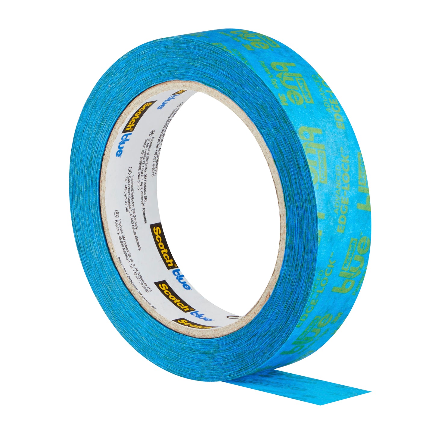 Eine Rolle ScotchBlue™ Malerabdeckband für scharfe Linien von 3M Deutschland GmbH, mit blauem Band und Branding auf dem Band und dem inneren Pappkern, wird mit einem kleinen Abschnitt abgerollt gezeigt.