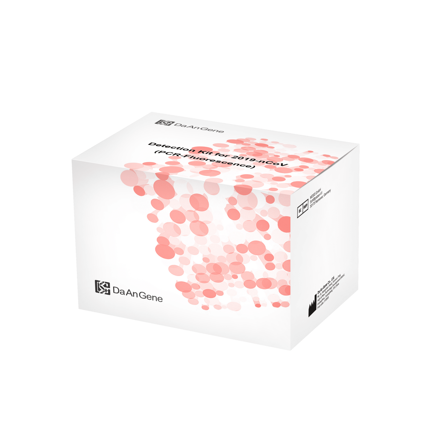 Sur un fond vert, une boîte d'emballage blanche pour le « kit de détection (PCR-Fluorescence) DaAn Gendiagnostik-Kit pour 2019-ncov » avec 96 tests est illustrée, ornée de l'inscription « Altruan ».