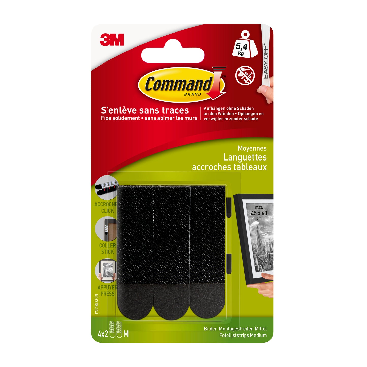 Eine Packung mittelgroße schwarze Command™ Bilder-Montage Strips M 17201BLK von 3M Deutschland GmbH, bis zu 5,4 kg belastbar, mit vier Paaren - ideal zum Befestigen von Bildern ohne Nägel. Verpackung enthält französischen und deutschen Text.