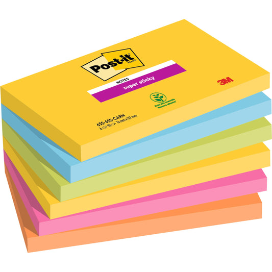 Ein Stapel von sechs 3M Post-it® Super Sticky Notes (76 mm x 127 mm, 90 Blatt/Block, 100% PEFC) in den Farben gelb, grün, blau, lila, pink und orange; das gelbe Deckblatt zeigt das Logo und Produktdetails.