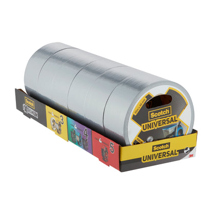 Ein Verkaufsdisplay enthält fünf Rollen Scotch® Universal Klebeband 2904 (25 m x 48 mm) der 3M Deutschland GmbH, jeweils silberfarben, individuell beschriftet und mit Produktbranding und Informationen auf der Verpackung versehen.