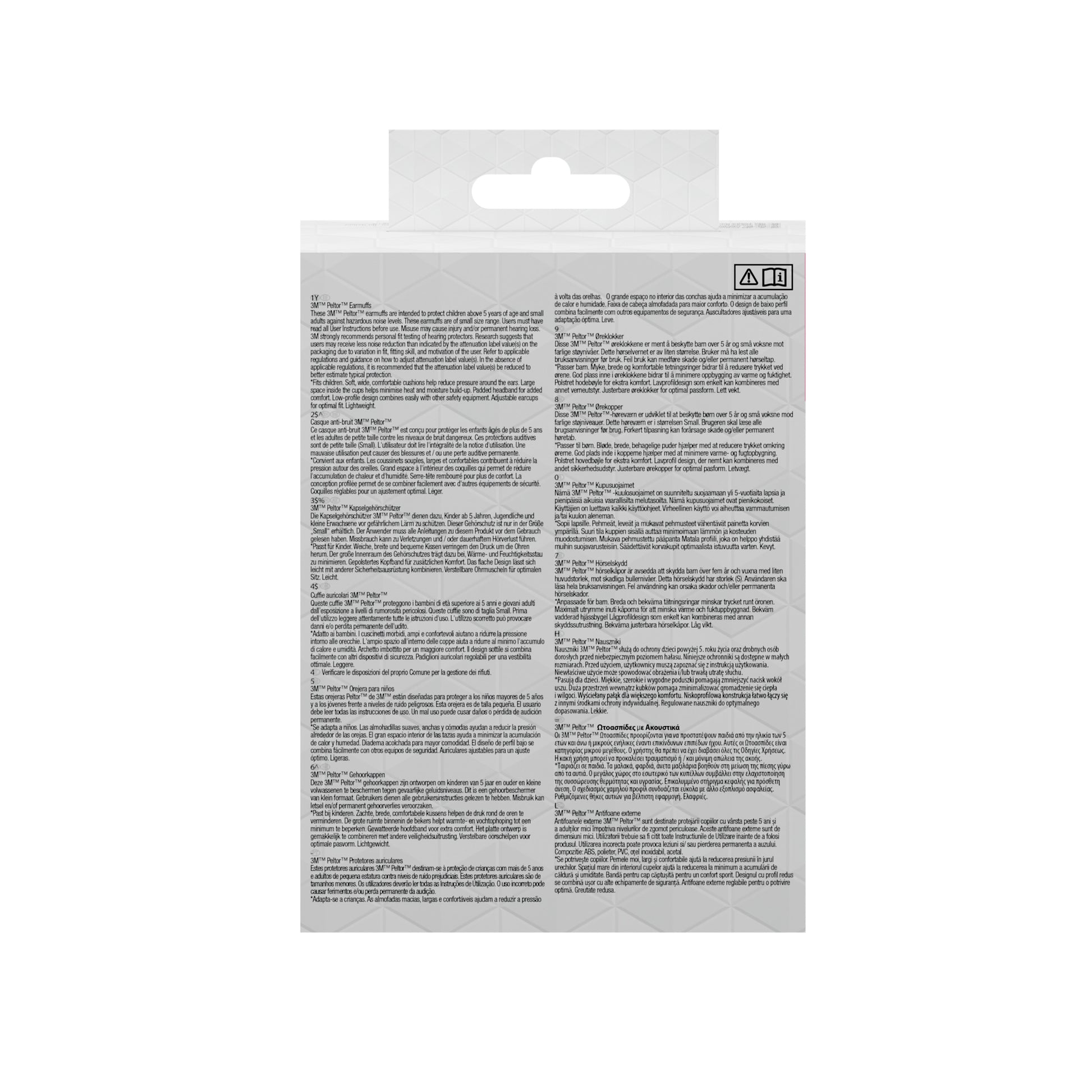 Die Abbildung zeigt die Rückseite einer 3M™ PELTOR™ Kapselgehörschutz für Kinder-Verpackung der 3M Deutschland GmbH mit mehrsprachig bedruckten Textabschnitten mit Anweisungen, Sicherheitswarnungen und Produktinformationen.