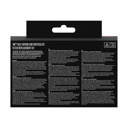 Rückseite einer 3M Deutschland GmbH 3M™ Atemschutzmaske 6002KIT-1 Packung (1 Stück) mit Informationen, Anweisungen und Warnhinweisen zu austauschbaren A2P2 Filtern (Schutz gegen organische Dämpfe) in mehreren Sprachen für die Atemschutzmaske.