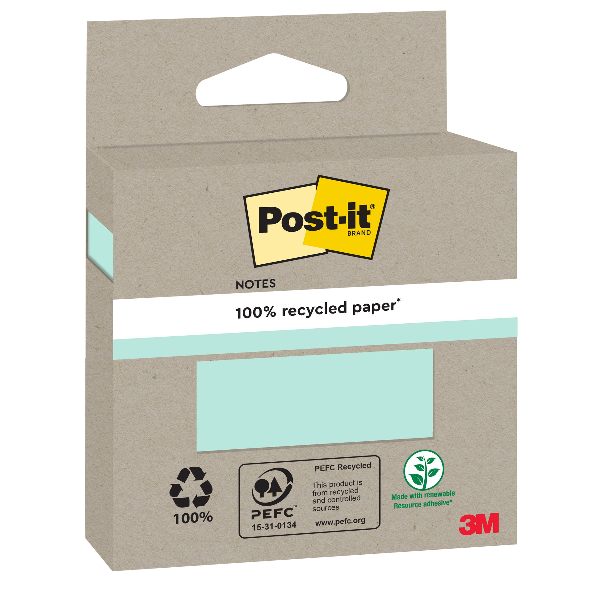 Eine Packung Post-it® Recycling Notes (76 mm x 76 mm, 100 Blatt/Block, 100% PEFC) der 3M Deutschland GmbH ist in einer braunen Schachtel mit umweltfreundlichen Logos und einem Ausschnitt mit hellgrünen Notizen im Inneren abgebildet.