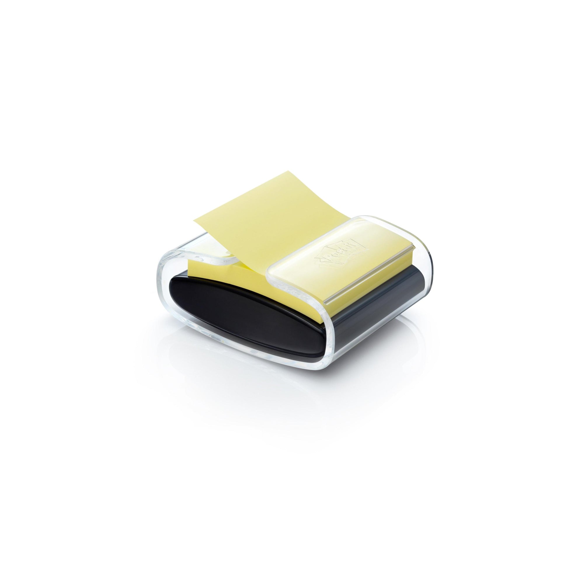 Der 3M Post-it® Z-Notes Dispenser PRO in Schwarz fasst einen Stapel gelber, superklebriger Zettel im Format 76 x 76 mm (90 Blatt/Block) und spendet einen Zettel vor einem weißen Hintergrund.