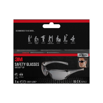 Un emballage de vente au détail des lunettes de protection 3M™ Virtua™ AP, verre gris de 3M Deutschland GmbH. La boîte met en avant la protection des yeux, la protection UV de 99,9 %, les images du produit et les symboles pour des applications telles que le jardinage et la menuiserie.