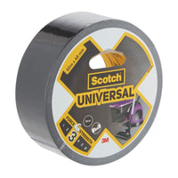 Un rouleau de ruban adhésif universel 3M Scotch® 2904, 50 m x 48 mm, avec les caractéristiques du produit indiquées sur l'étiquette et une illustration représentant un aspirateur.