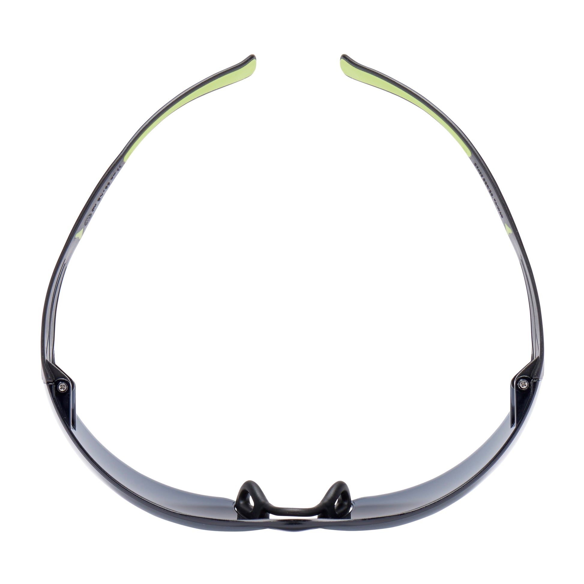Die 3M™ SecureFit™ Schutzbrille 400 der 3M Deutschland GmbH, hier von oben, hat schwarz-grün gebogene Arme und dunkel getönte Gläser auf weißem Hintergrund.