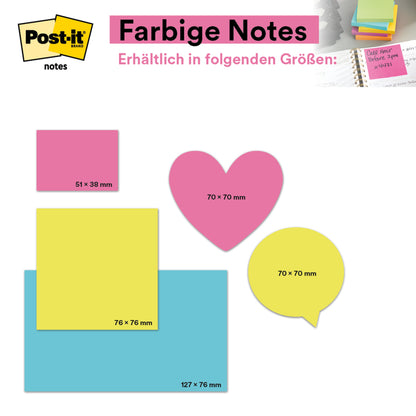 Das Bild zeigt die Post-it® Notes Energetic Collection (38 mm x 51 mm, 100 Blatt/Block, 12 Blöcke), bunt und in verschiedenen Formen wie Quadrat, Rechteck, Herz, Kreis und Sprechblase von 3M Deutschland GmbH zur Büroorganisation.